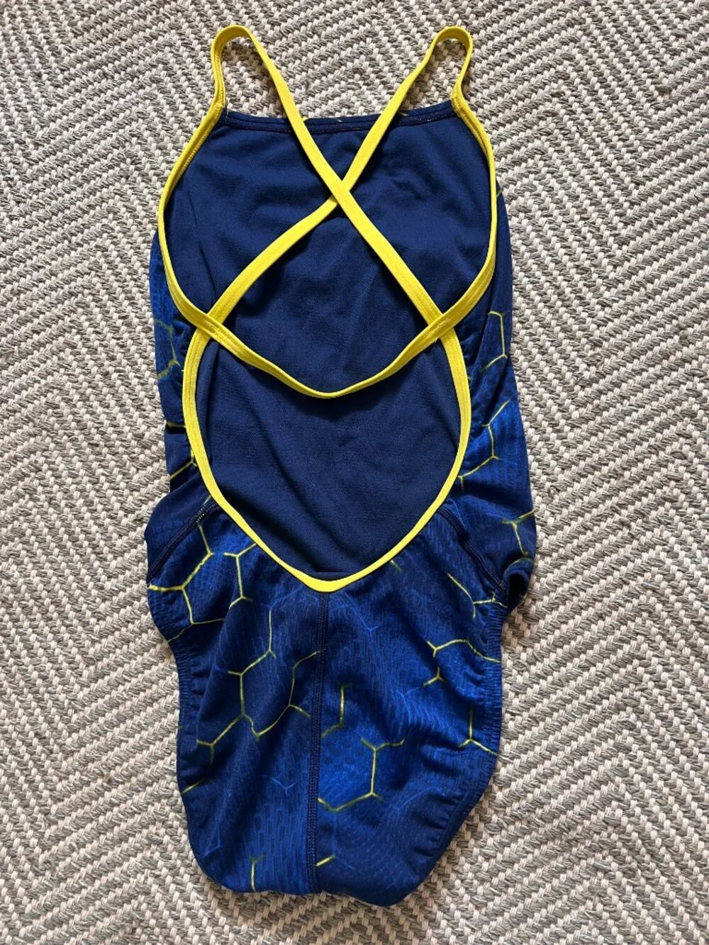 Speedo Endurance+ Kids One Piece Swimsuit Size 28 Blue Yellow Hexagon Print‎